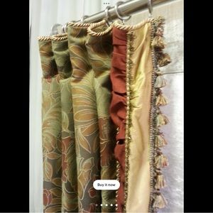 Curtain panel with red and gold silk fabric at edge with trims. Custom made. New